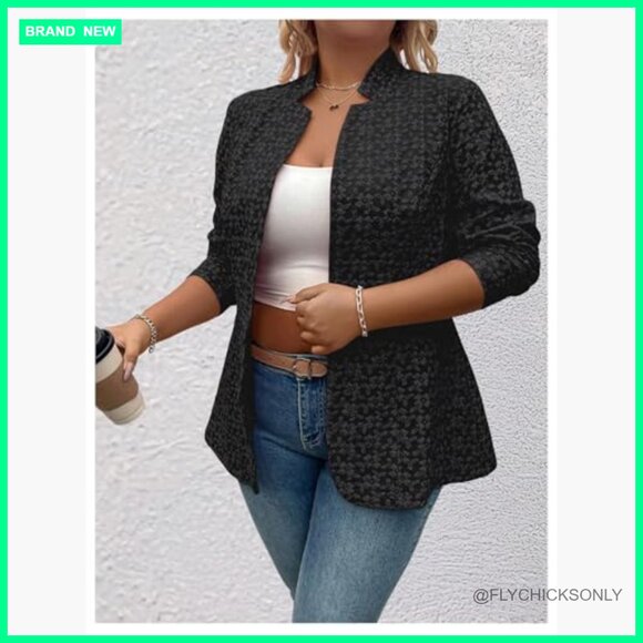 Plus Size Jacquard Long Sleeve Open Front Blazer Jacket Notch Collar - Picture 4 of 5